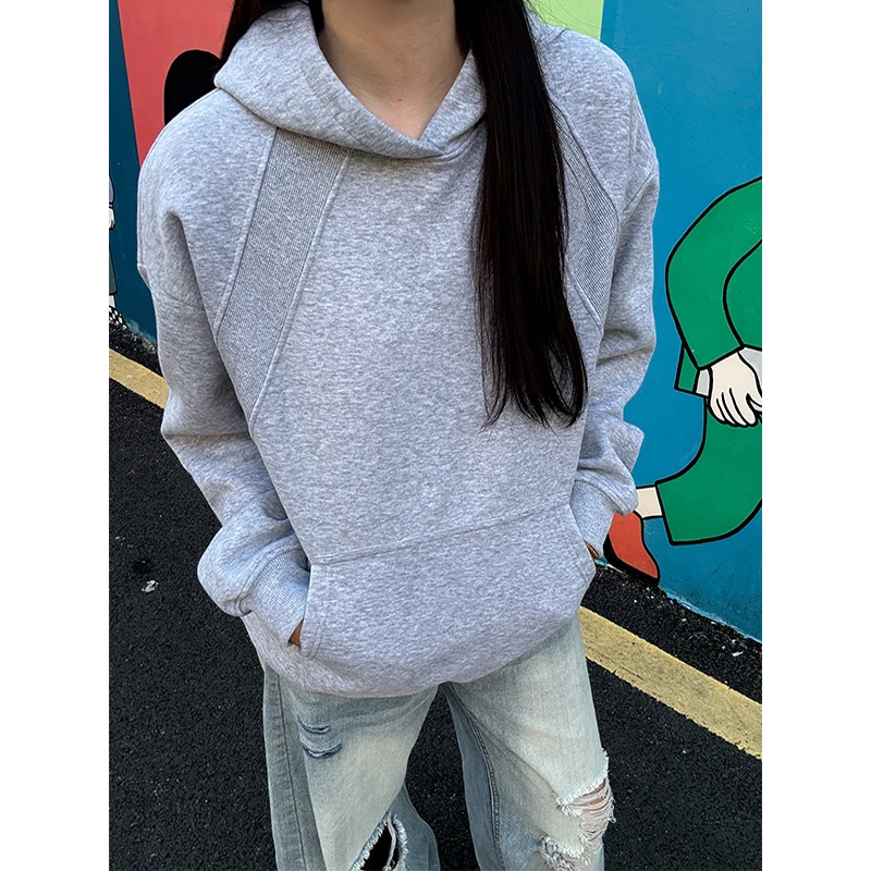 灰色重磅短款boxy卫衣男秋季美式螺纹拼接硬挺连帽衫cleanfit外套