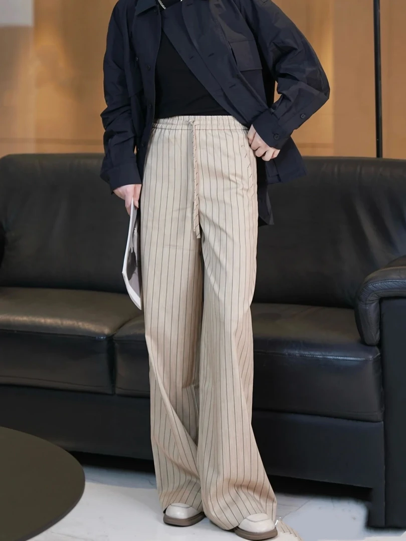 【GIRID AMSS】休闲高腰松紧腰凉感舒适亚麻直筒阔腿时尚长裤