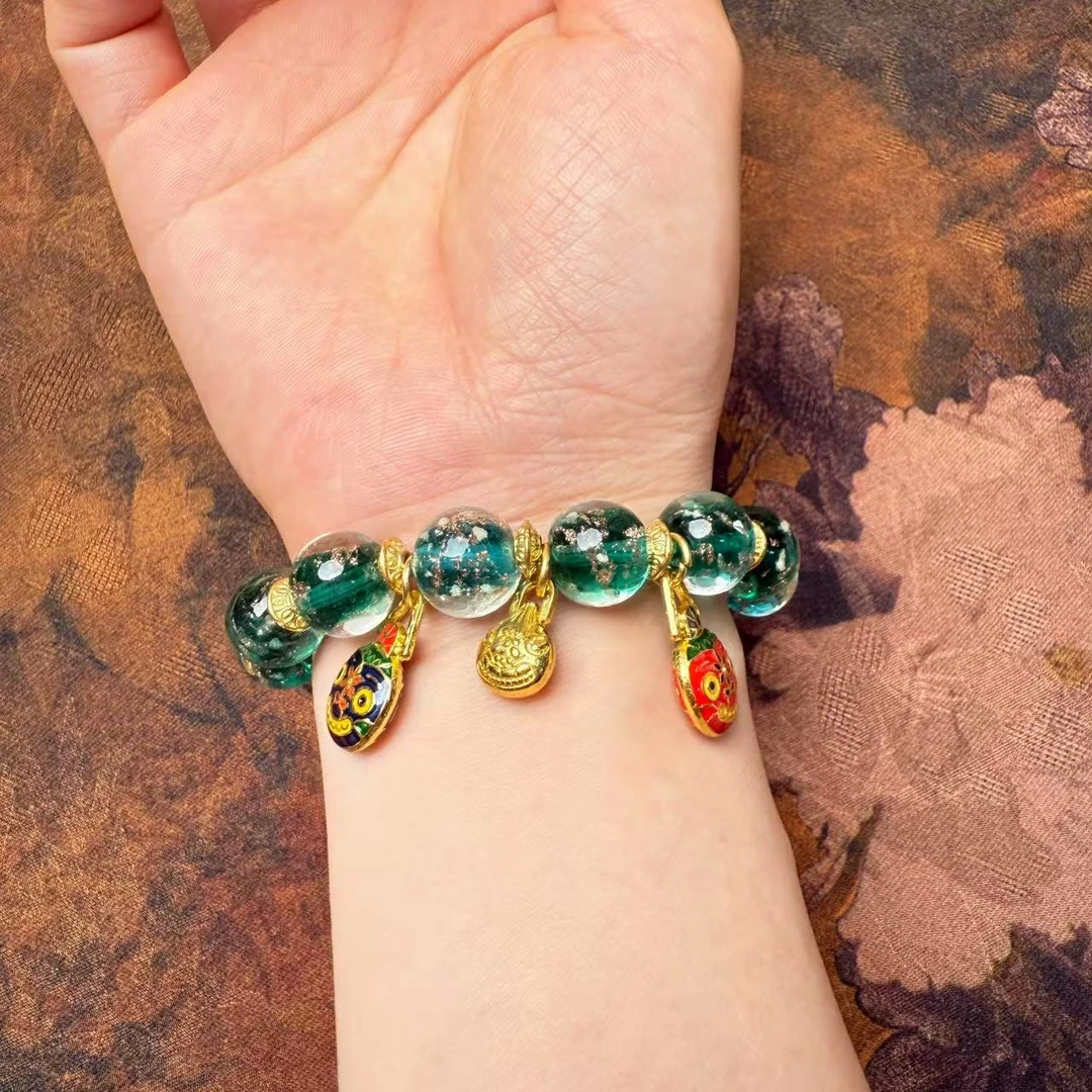 S1066-湖蓝夜光金箔琉璃单圈+吞金兽挂饰(无礼盒）