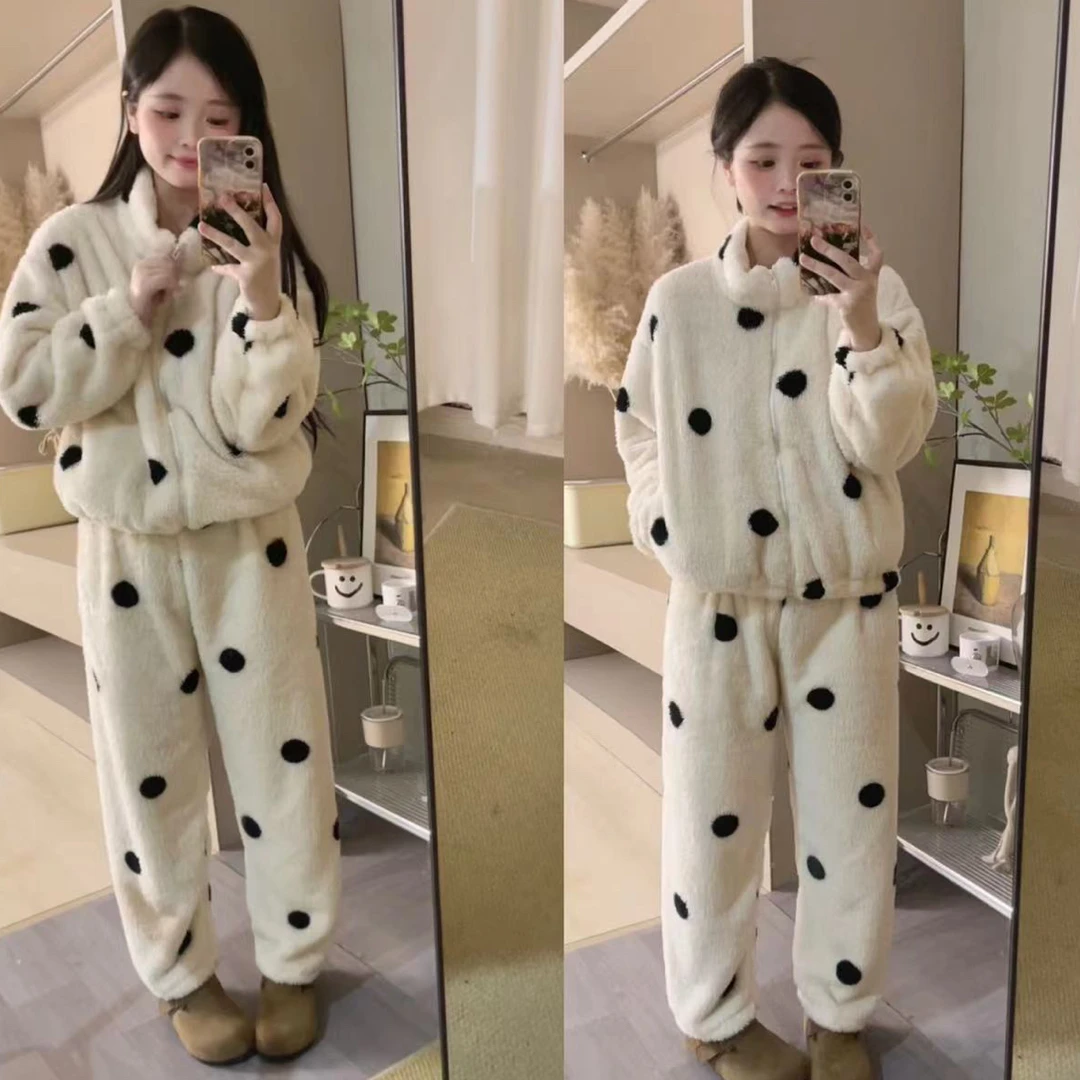 小个子定制保暖波点珊瑚绒睡衣套装