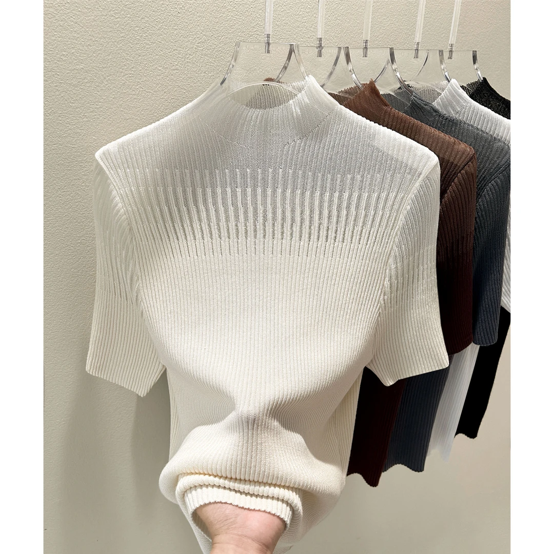 夏季半高领蕾丝网纱设计上衣女装2025年时尚莱赛尔修身短袖针织衫