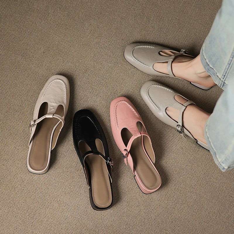 【NICESEE】4cm,夏季新款羊皮包头懒人拖鞋女低跟百搭休闲真皮半拖