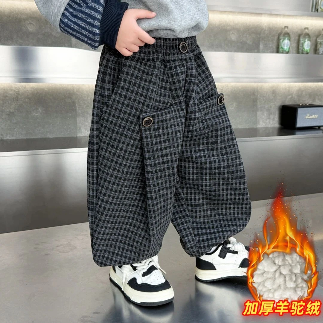 男童秋冬款格子加绒休闲裤儿童帅气时髦洋气一体绒保暖冬季长裤子