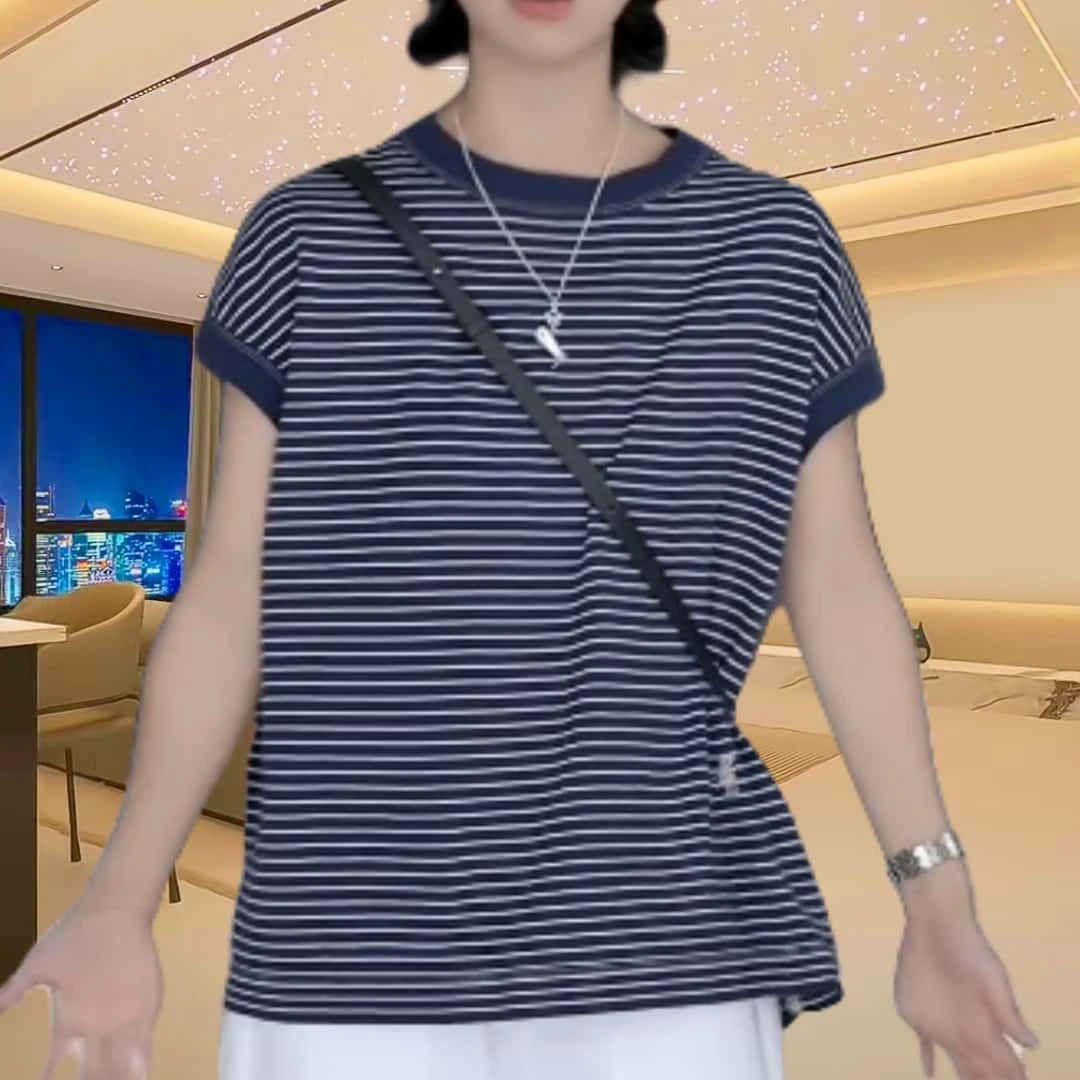 夏季宽松气质条纹圆领短袖T恤女2025新款休闲简约时尚百搭上衣