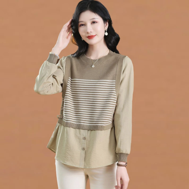 假两件拼接女装时髦休闲宽松条纹针织衫2025新款春秋时尚洋气上衣