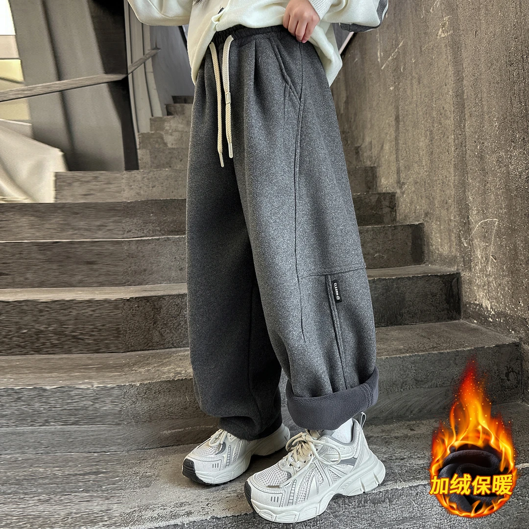 女童秋冬加绒阔腿裤2025新款儿童冬季弯刀裤大童女孩冬装运动长裤