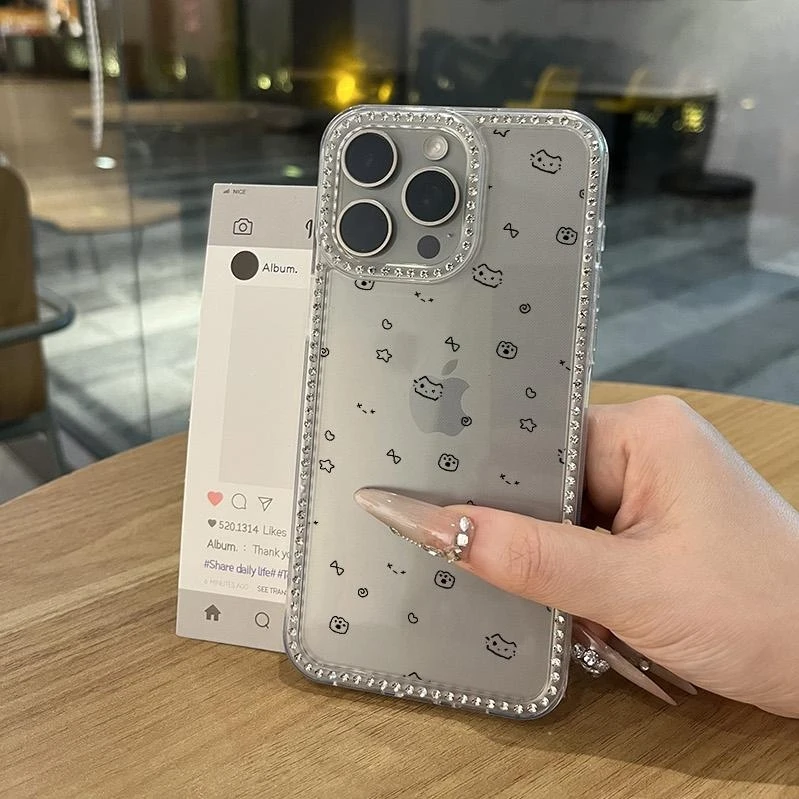 新款LQ满屏小猫白壳手机壳11适用苹果16promax透明15plus闪钻软壳