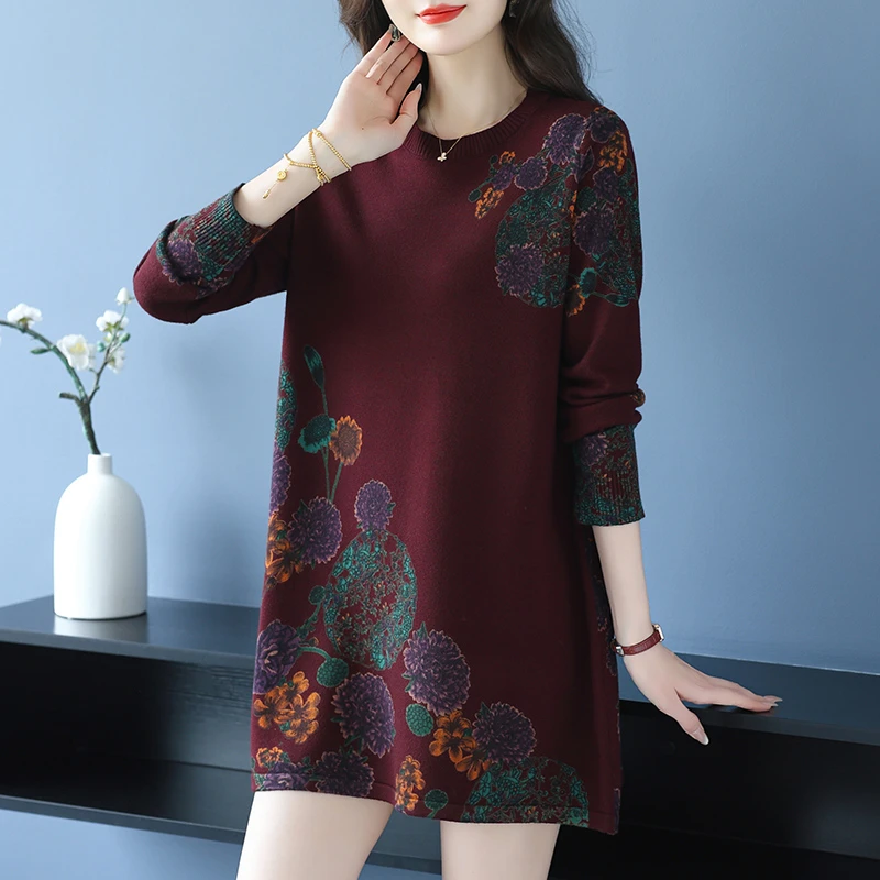 打底衫时尚女装中年妈妈装圆领休闲风中长款印花针织遮肚子毛衣裙