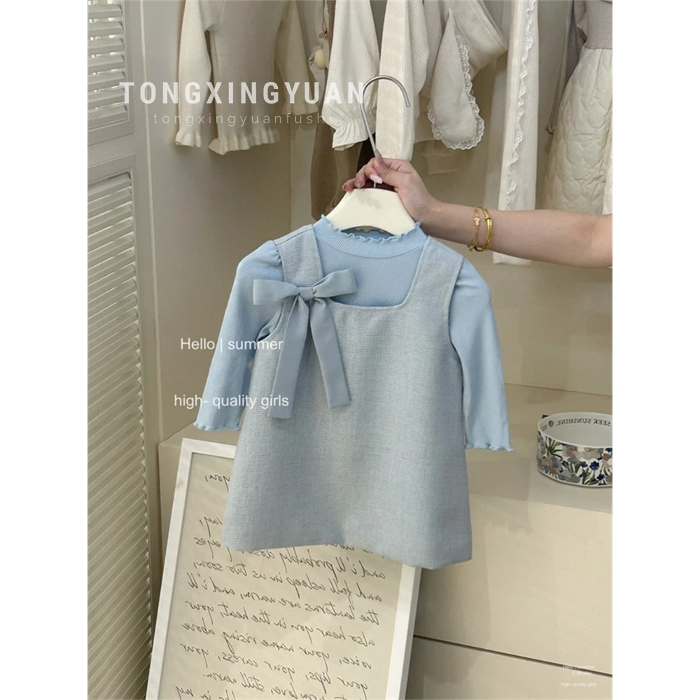 【童装】女童春秋打底衫蝴蝶结背心裙套装宝宝小香风两件套