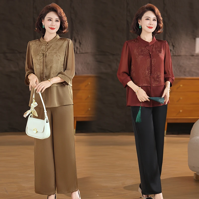 中式新款中年妈妈夏装两件套中老年女夏季国风中袖上衣阔腿裤套装