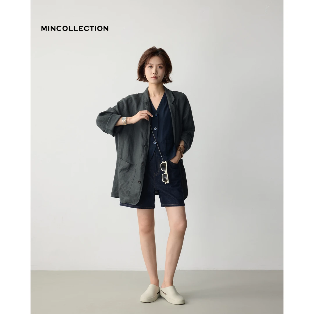 DE Mincollection灰绿麻外套/水洗亚麻休闲舒适衬衫领外套50002
