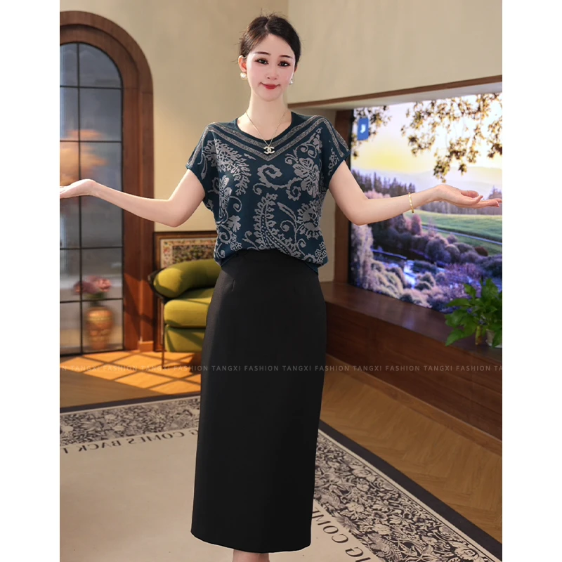 2025夏季新款【TN-02】莱赛尔天丝蓝色提花拼接套头V领短袖上衣女