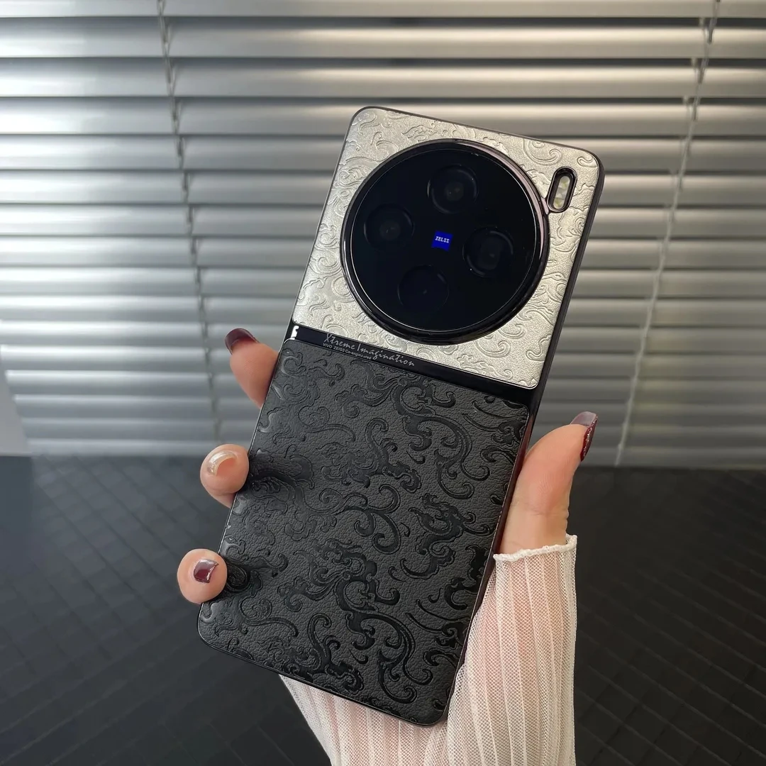 适用vivox100手机壳高端奢华龙纹素皮拼接x100pro全包防摔保护套