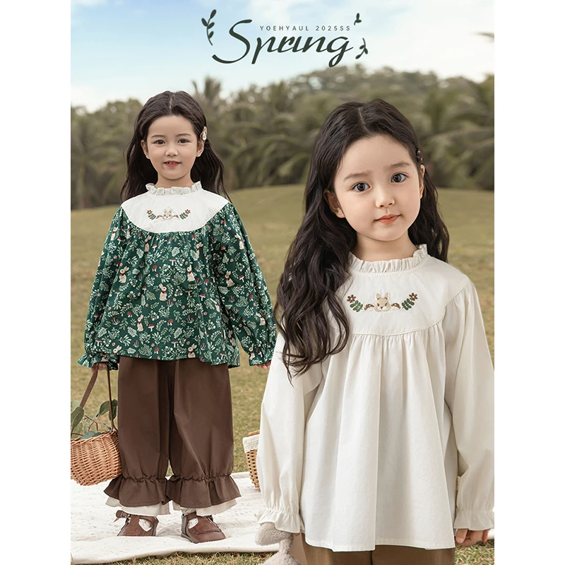 幼悠女童小碎花绣花领娃娃衫2025春季儿童长袖森系花边衬衫C3163