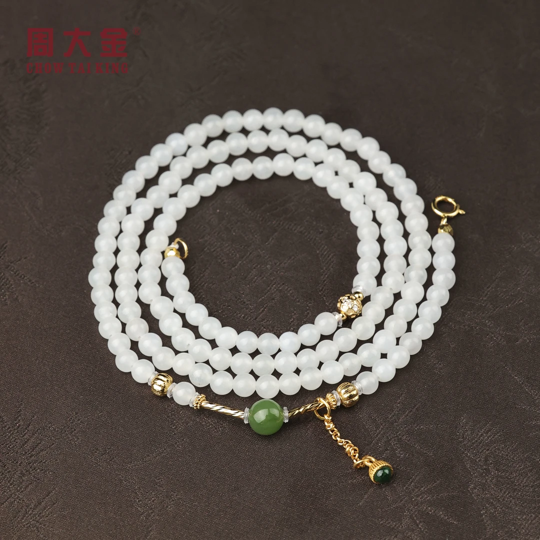 【周大金玉石】s925银和田玉白玉圆珠项链-X3637-鹤