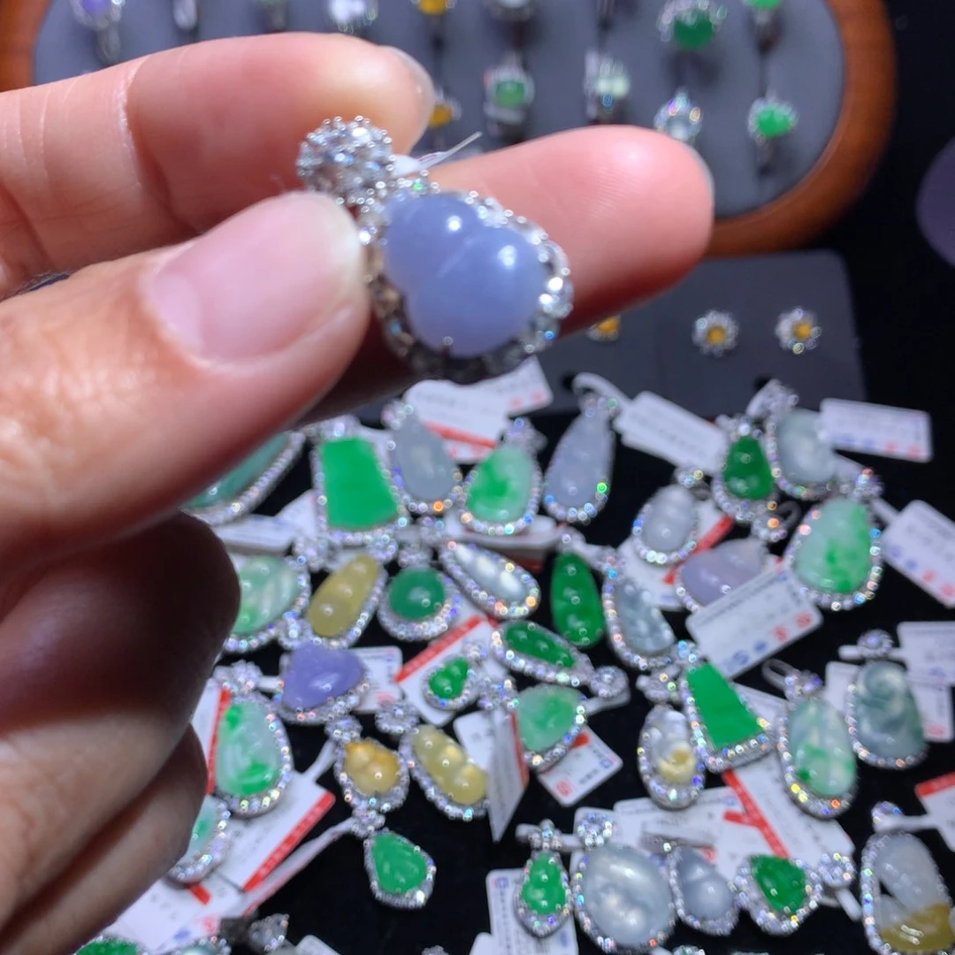 翡翠颈饰银S925镶嵌天然翡翠A货缅料冰紫葫芦吊坠