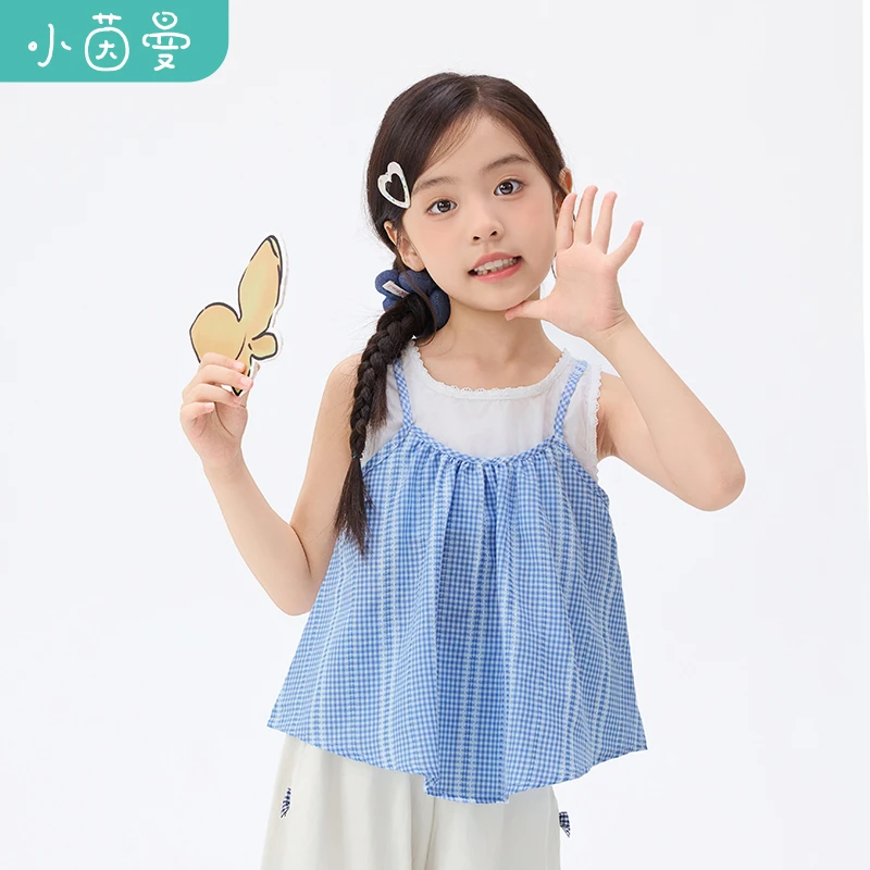 小茵曼格子背心t恤2025秋假两件儿童中大童花边时尚上衣GF3852553