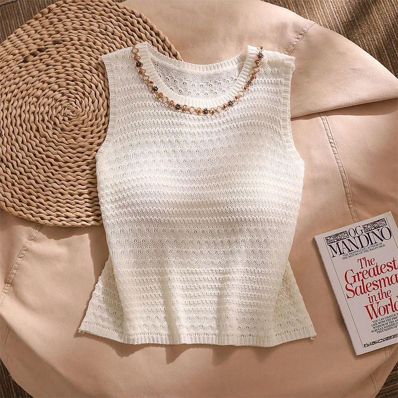 休闲度假风镂空针织吊带背心女2025夏季新款温柔风外搭短款上衣
