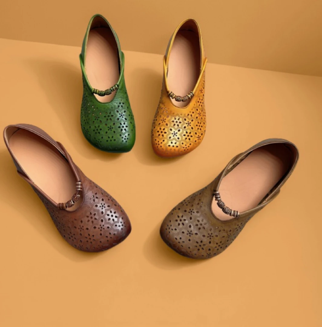 新款头层牛皮复古风休闲一脚蹬镂空软底6662妈妈鞋夏季透气舒适