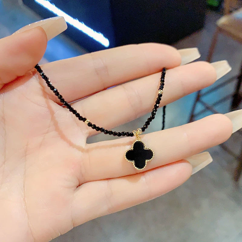 铁合金大理石项链 韩版时尚简约四叶花短款颈带设计感水晶锁骨链