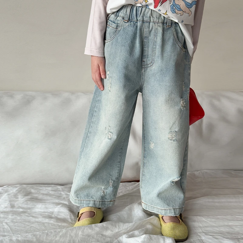 7家童装女童裤子2025春装新款儿童韩版洋气破洞牛仔裤女宝休闲裤