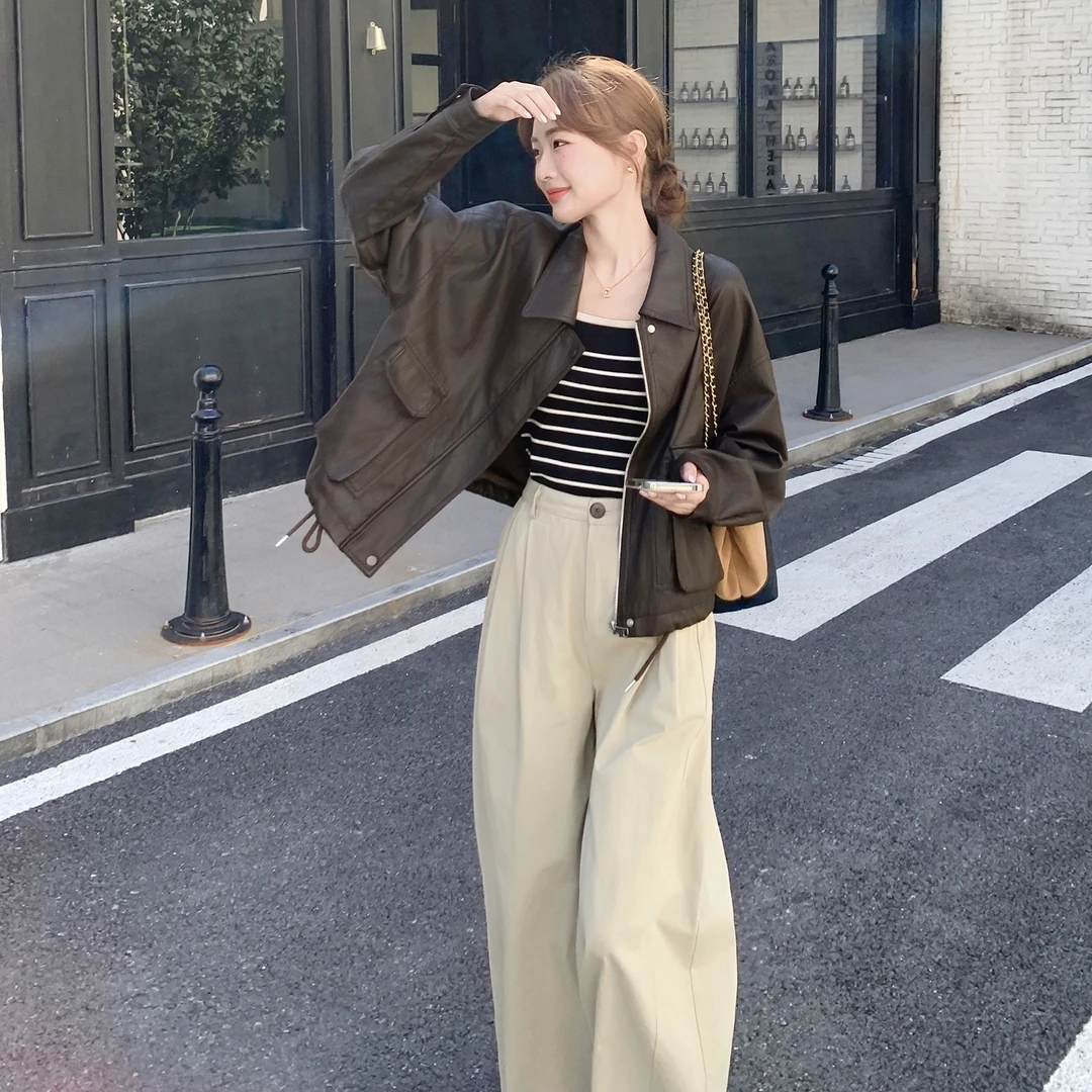 复古设计感随性减龄上衣女2025秋季新款百搭舒适显瘦短款皮衣外套