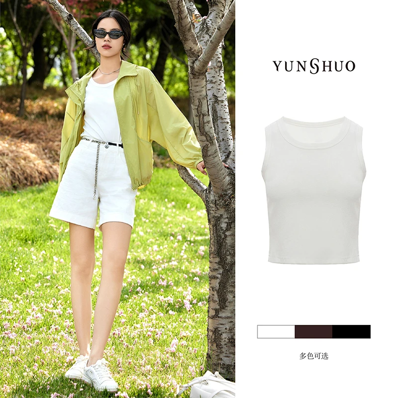 允硕夏季新品时尚百搭女装纯色无袖圆领简约欧若风吊带背心315039