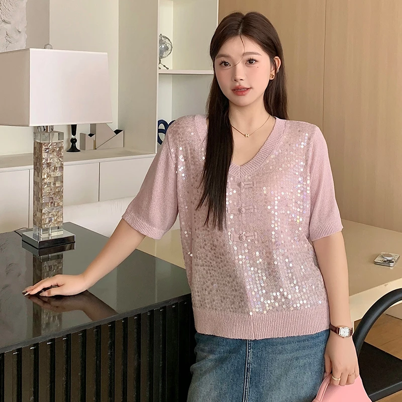 大码女装设计感亮片上衣女国风盘扣针织衫2025夏胖mm短袖t恤22360