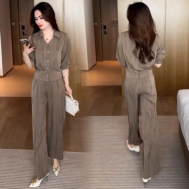 女夏季新款洋气质时尚套装收腰显瘦短袖上衣阔腿裤休闲两件套潮