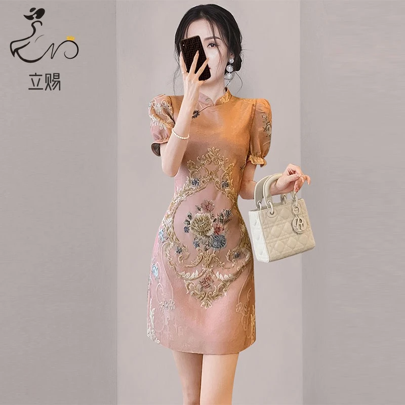 立赐高级感名媛改良旗袍连衣裙2025夏季女装中国风复古刺绣A字裙