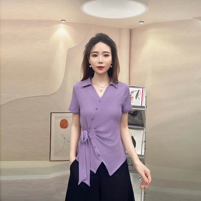 夏季新款百搭上衣绑带不规则短袖纯色时尚洋气设计修身显瘦T恤女
