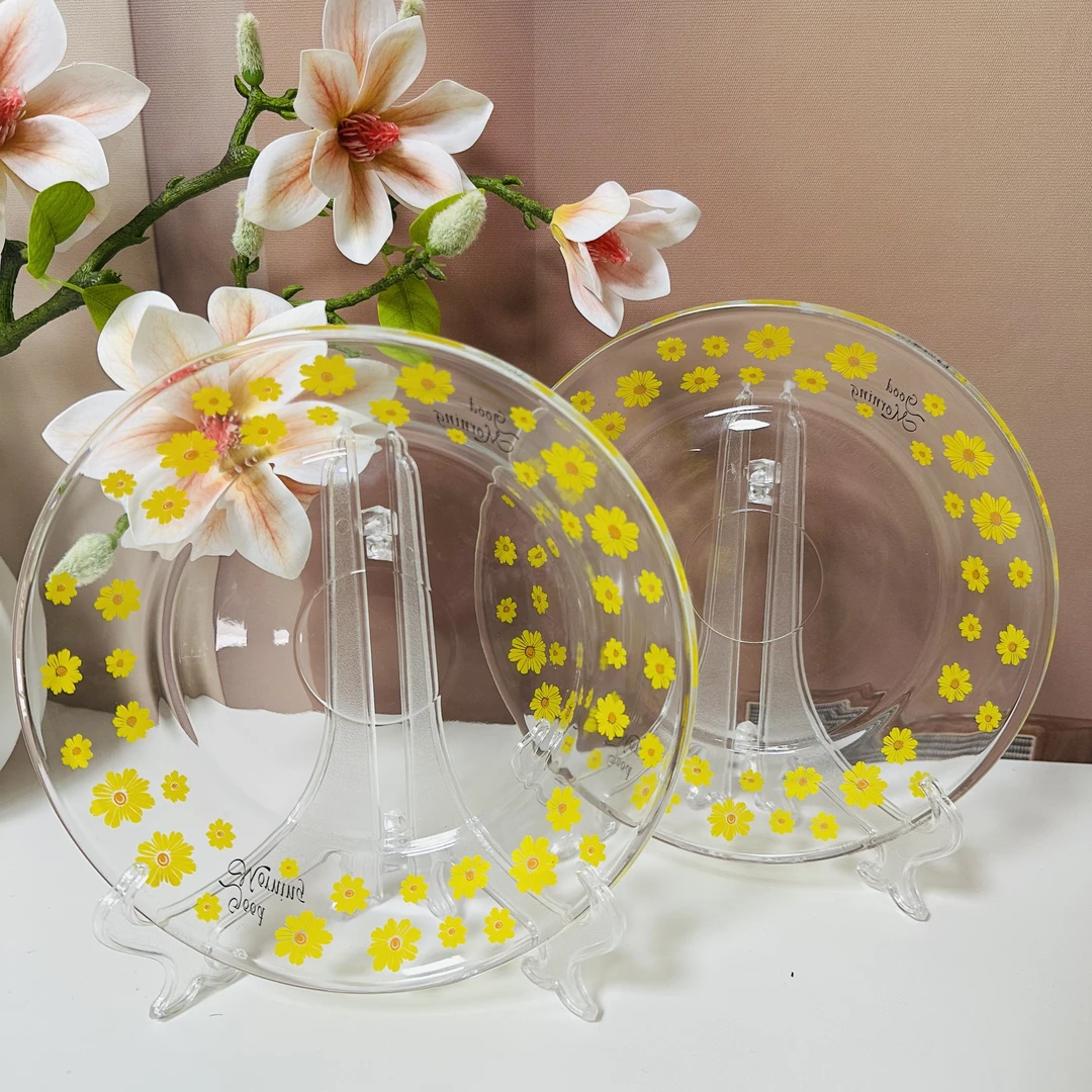 2只雏菊印花盘子玻璃装菜家用盘