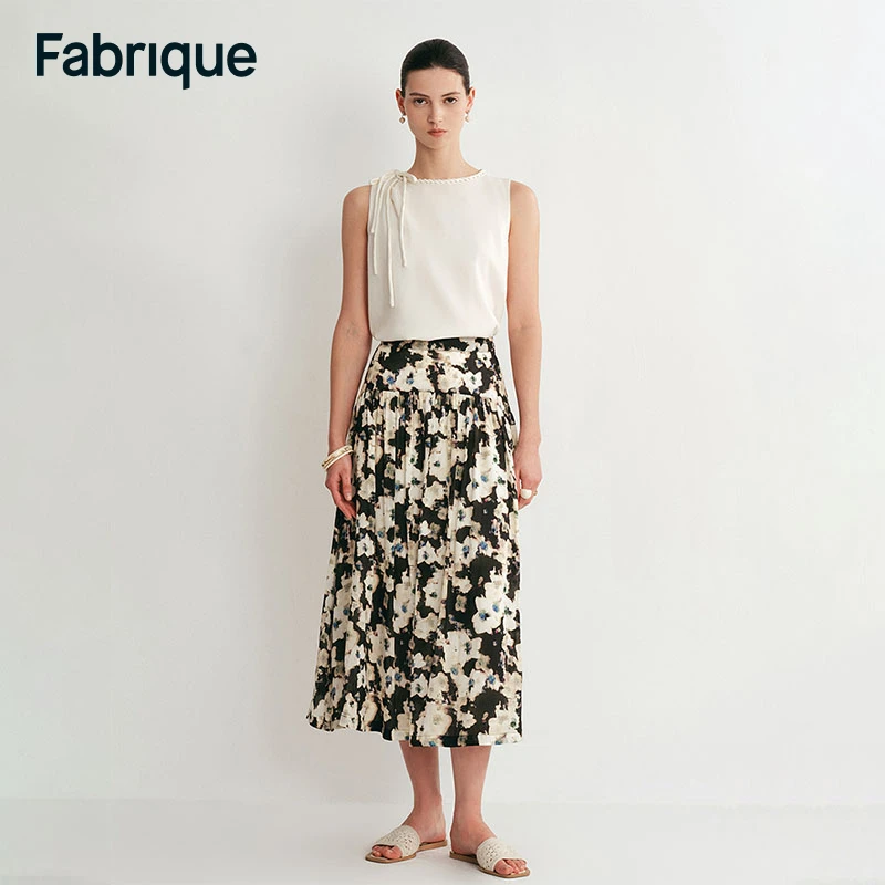 Fabrique Pearl 春夏新款桑蚕丝亚麻印花法式印花伞型蛋糕裙半裙