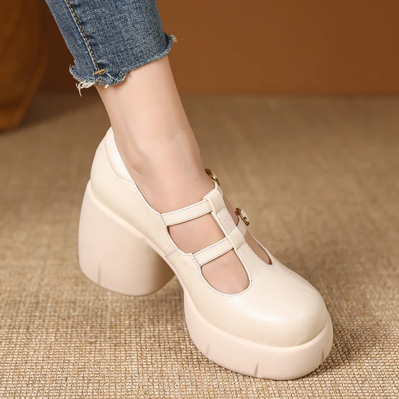 玥小姐手工女鞋8.5cm粗跟白色厚底单鞋新款真皮法式玛丽珍高跟鞋