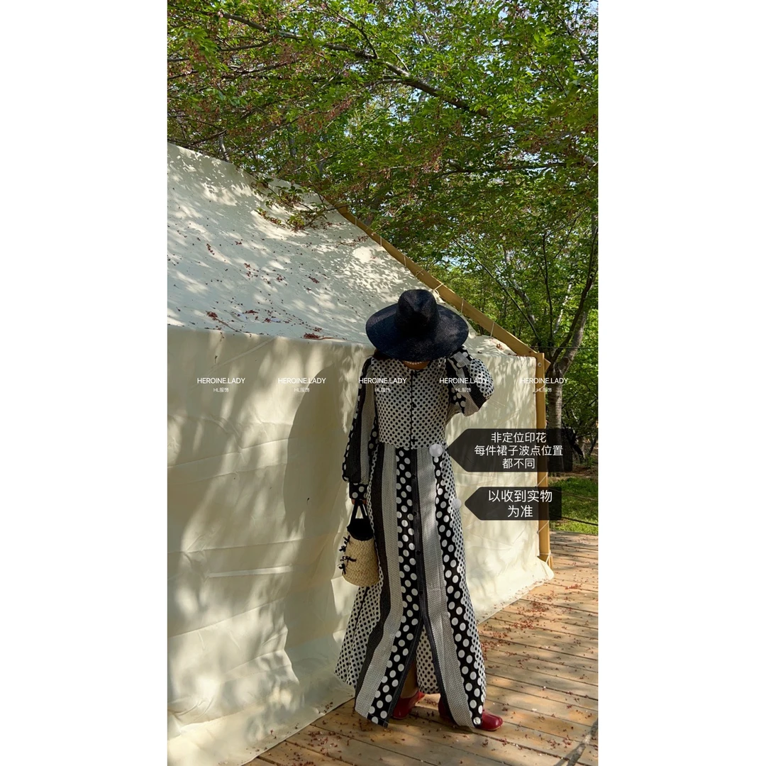 【呛口芥末绿】HL棉绸长袖不规则波点连衣裙文艺复古波点娃娃裙