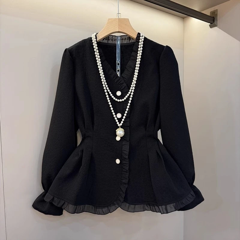 胖妹妹V领小衫2025秋新款大码女装遮肉显瘦衬衫气质收腰上衣8321