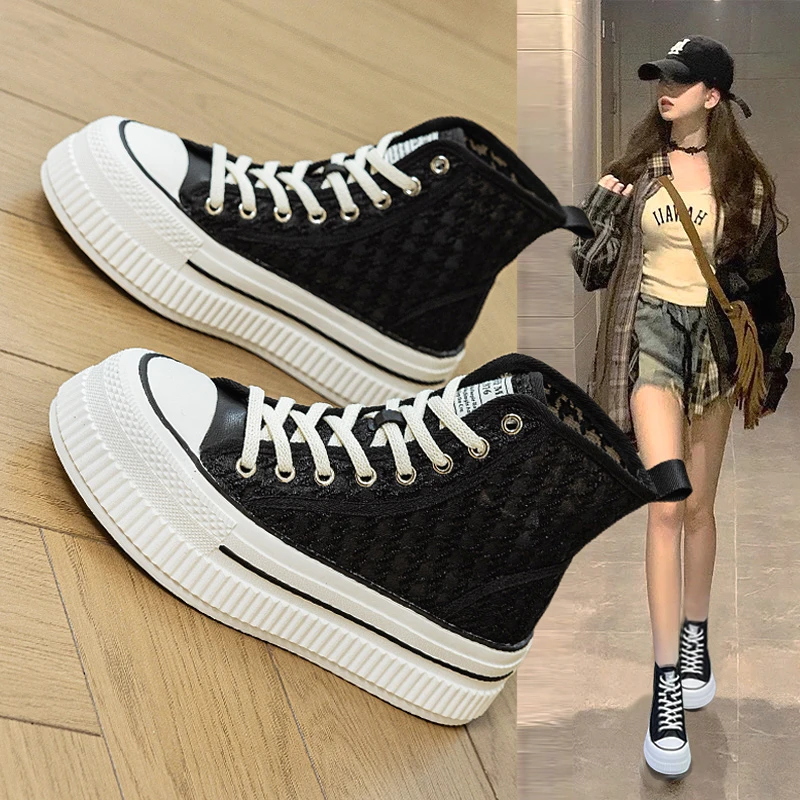 镂空马丁靴女鞋子2025新款爆款夏季薄款透气网面高帮板鞋厚底短靴