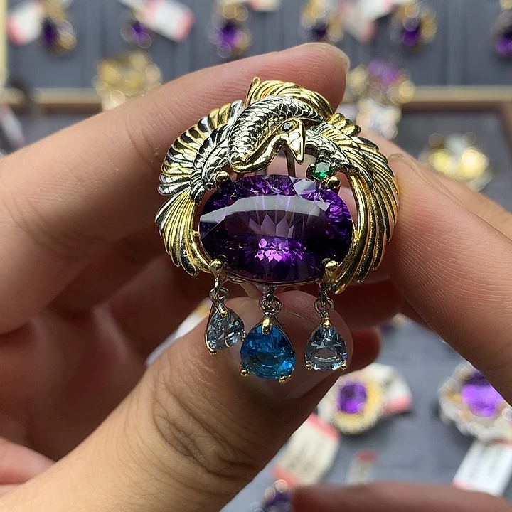 戒指水晶银S925镀金镶嵌