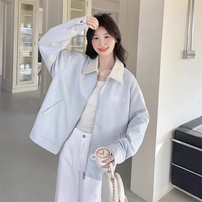 蓝色撞色翻领外套女春秋2025新款休闲百搭韩系流行夹克上衣高级感