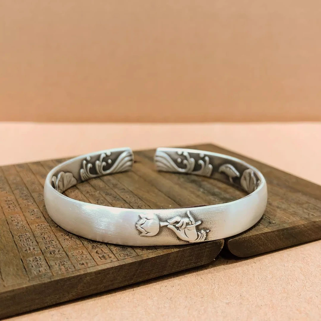 足银手镯 新款足银999复古禅意砂旧手拈莲花荷塘底纹简约纯银手镯