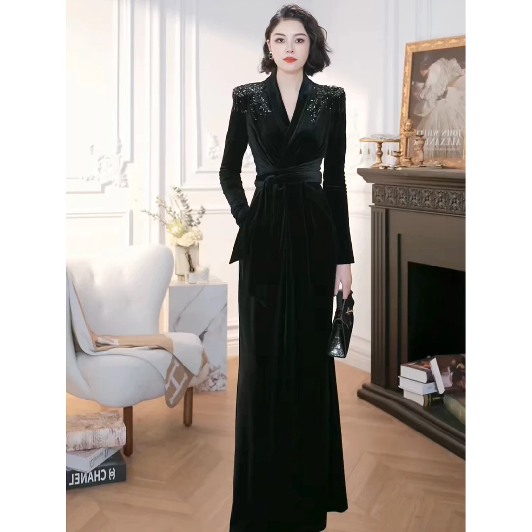 XUANYAN 气质轻奢重工钉珠长款细带收腰连衣裙