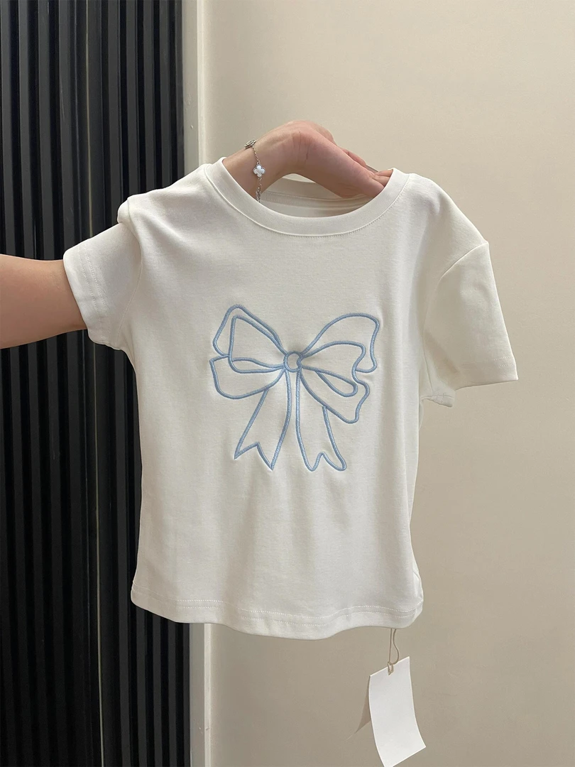美式复古蝴蝶结印花短袖T恤女2025新款夏韩版修身显瘦短款小上衣