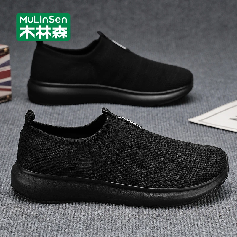 木林森秋天透气男鞋网鞋男2025新款一脚蹬爸爸薄款飞织运动休闲鞋