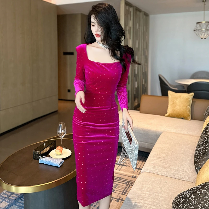 【十六大促】法式方领高级感烫钻丝绒连衣裙显瘦绝美长裙女20231