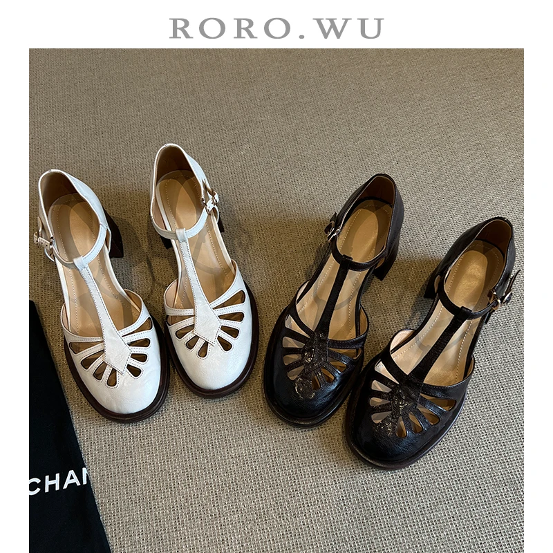 娆娆吴·羊皮新款法式复古绝美透气镂空包头凉鞋粗跟T82