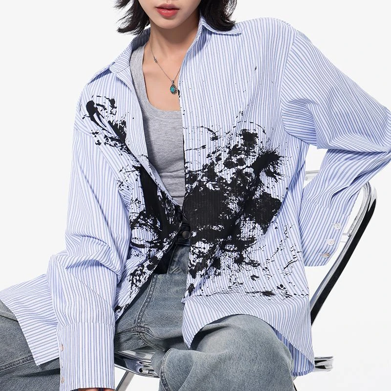 KEN STUDIO春季新款泼墨涂鸦衬衫单纽扣设计感宽松显瘦女长袖上衣