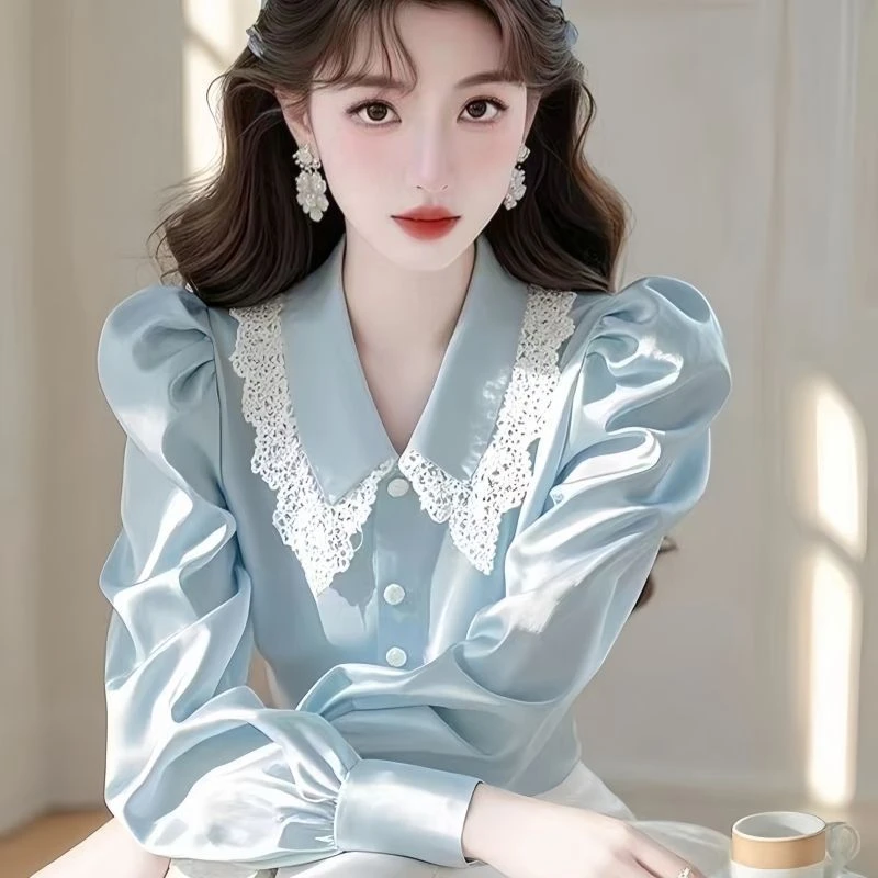 哥弟阿玛施正品法式减龄娃娃领缎面长袖衬衫女春装2025春季新款洋