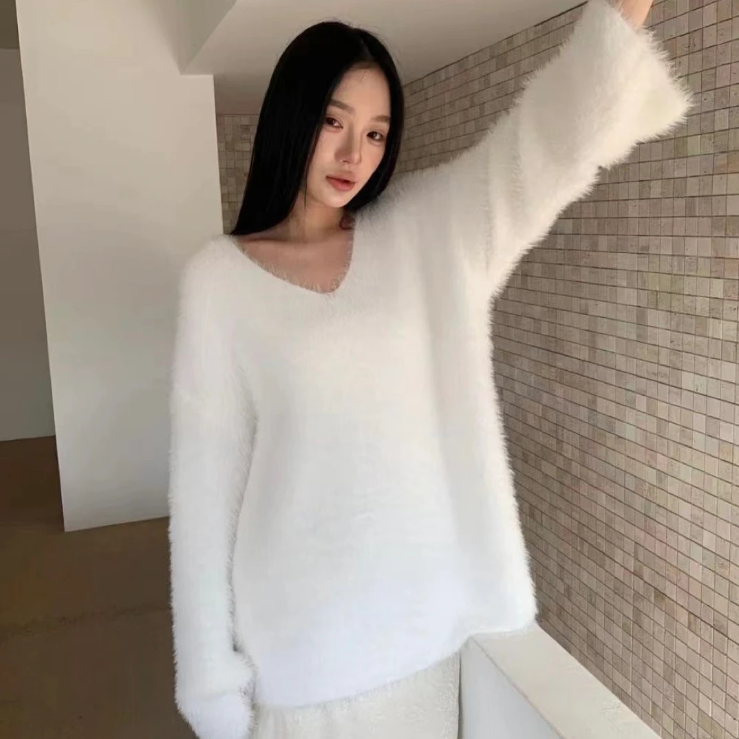 新品百搭纯色毛针织衫慵懒风中长款长袖女V领