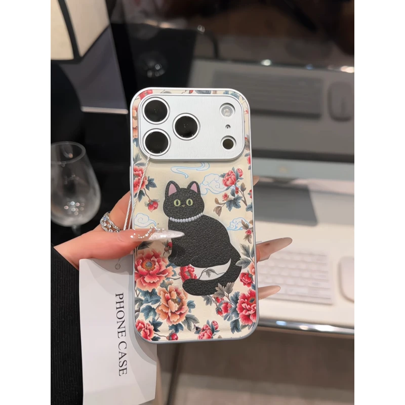 牡丹花从猫咪适用苹果17pro手机壳16PM金属皮纹oppo华为p80小米女
