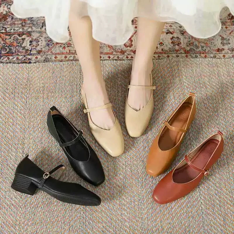 新款227-3真皮玛丽珍鞋女粗跟跟高3.5厘米单鞋一字扣带百搭女鞋